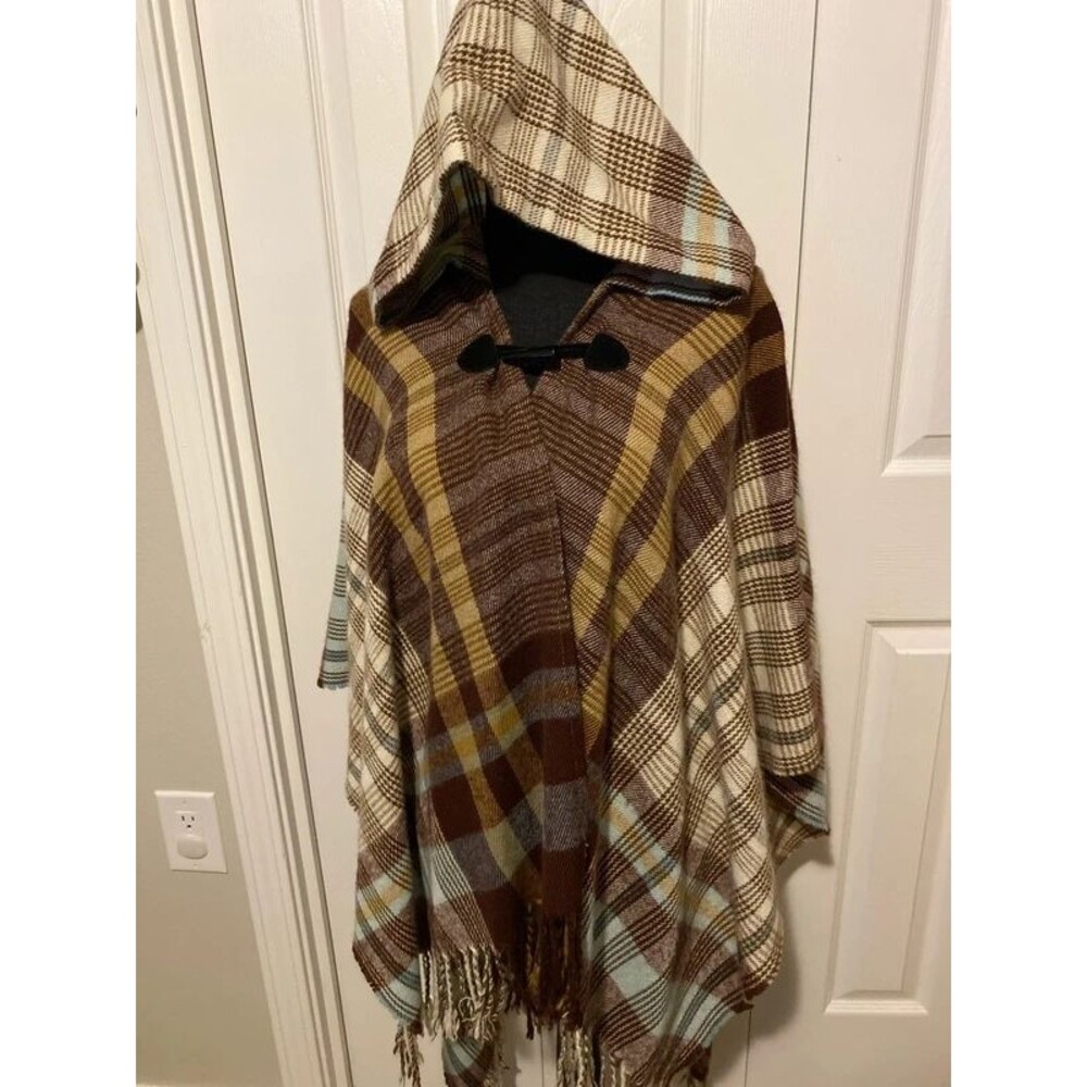 Plaid burgundy and brown cream Poncho one size